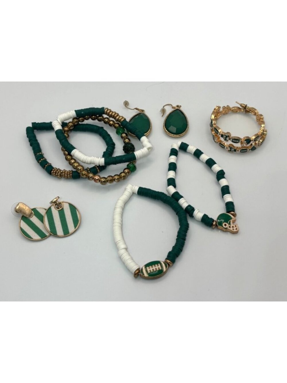 Football Themed Green & White Bracelet & Earrings Lot Sports Charms Gold Tone